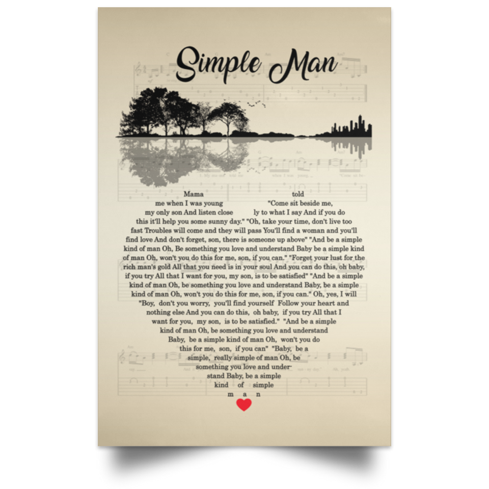 Lynyrd Skynyrdd Simple Man Guitar Heart Lyric Poster - No Frame (24 x 36)