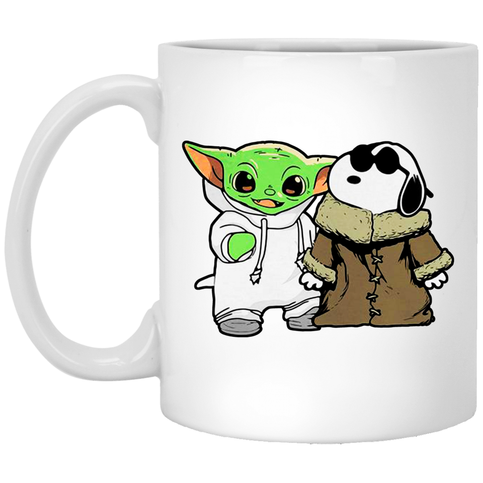Snoopy Hugging Baby Yoda White Coffee Mug 11oz, Snoopy and Baby Yoda are Friend Coffee Mug, Cute Snoopy and Baby Yoda Mug