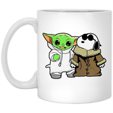 Snoopy Hugging Baby Yoda White Coffee Mug 11oz, Snoopy and Baby Yoda are Friend Coffee Mug, Cute Snoopy and Baby Yoda Mug