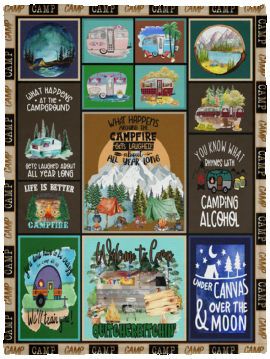 Camping Blanket, Camping Lovers Fleece, Sherpa Blanket, Retro Bus Camper VPS Cozy Plush Fleece Blanket - 30x40