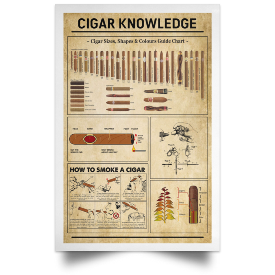 Cigar Knowledge Poster - Cigar Knowledge in The Bathroom - Funny Bathroom Print Poster White - Satin Portrait Poster Wall Art Home - No Frame 16" x 24"