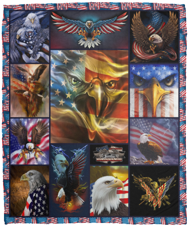 Bald Eagle American Flag Wind 3D Fleece, Sherpa Blanket, Eagle American Quilt - VPM Cozy Plush Fleece Blanket - 50x60