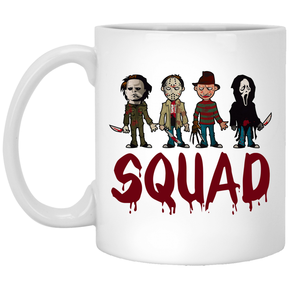 Squad Coffee Mug - Squad Michael Myers Jason Voorhees Freddy Krueger Leatherface - Halloween, Squad Horror Movies, Novelty Present, Unique Coffee Mug 11Oz