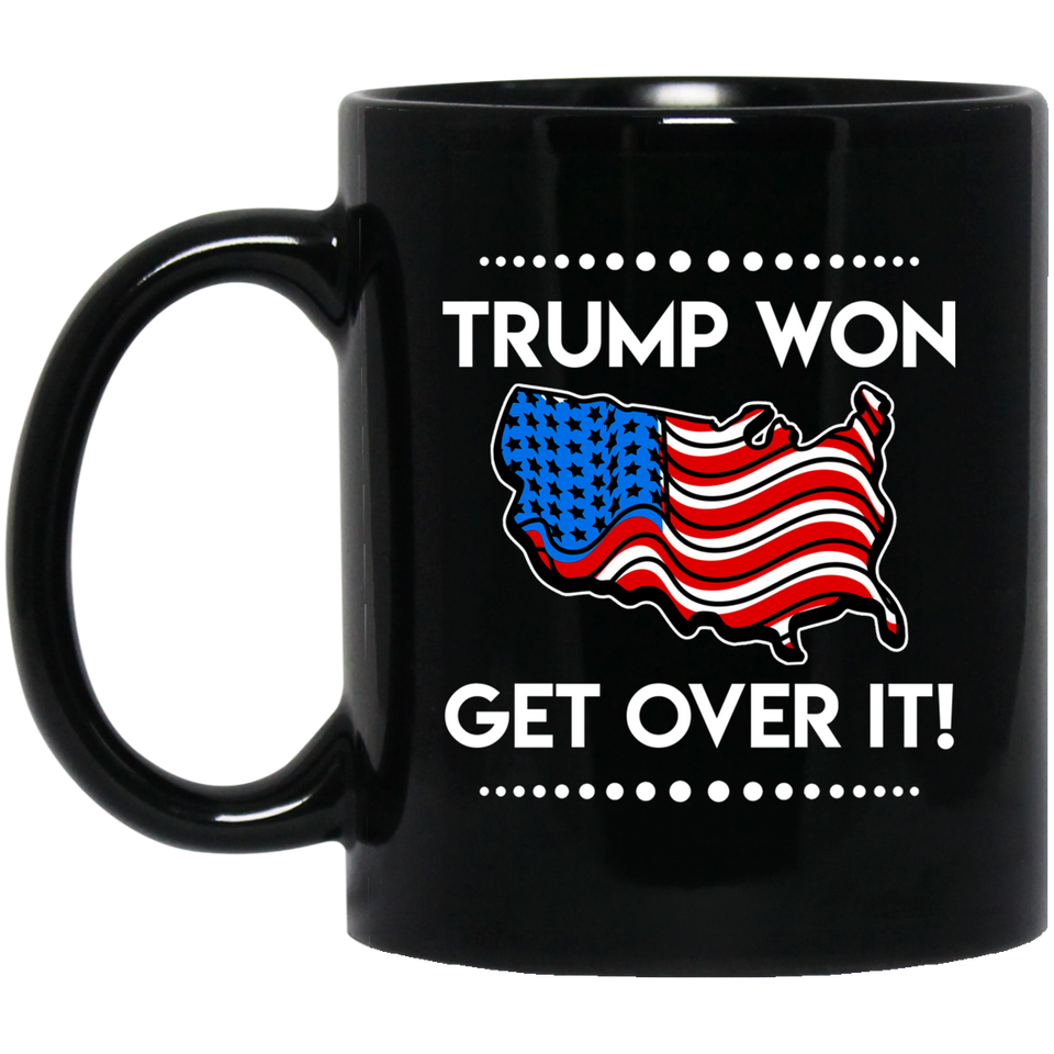 Donald Trump Coffee Mug, Trump Won Get Over It Republican Conservative The President On The United States Heart Flag Novelty Cup, Unique Coffee Mug 11on Black