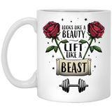 FITNESS CERAMIC COFFEE OR TEA MUG FOR WOMEN - Look Like a Beauty Lift Like a Beast - Weight Lifting Body Building 11Oz