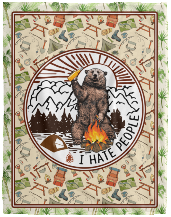 Camping - Bear and Beer I Hate People - VPL Cozy Plush Fleece Blanket - 60x80