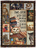 Time Spent with Cats and Books is Never Wasted. Love Reading Blanket, Fleece or Sherpa Blankets Mother's Day, Father's Day, Christmas Birthday Present Blankets, Gift Idea VPS Cozy Plush Fleece Blanket - 30x40
