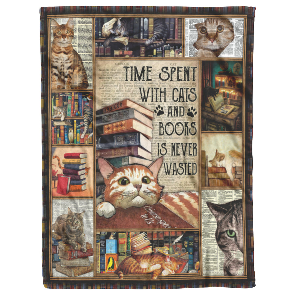 Time Spent with Cats and Books is Never Wasted. Love Reading Blanket, Fleece or Sherpa Blankets