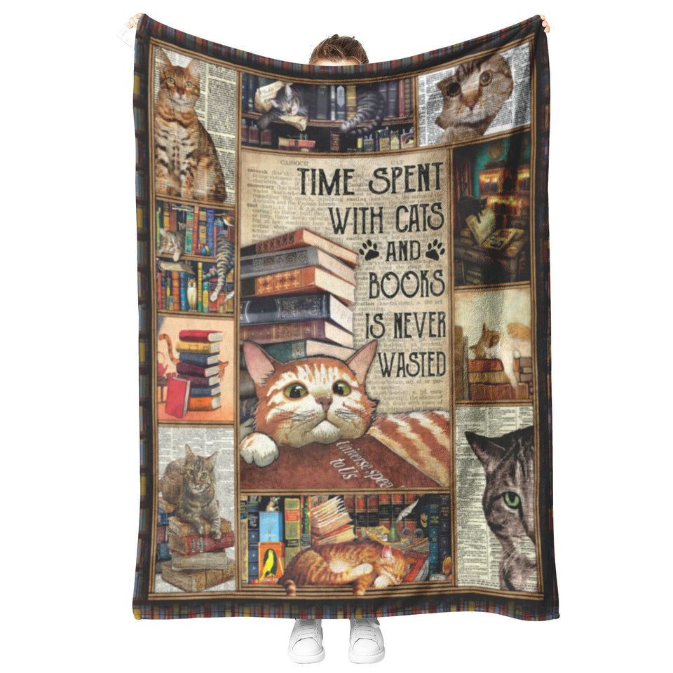 Time Spent with Cats and Books is Never Wasted. Love Reading Blanket, Fleece or Sherpa Blankets