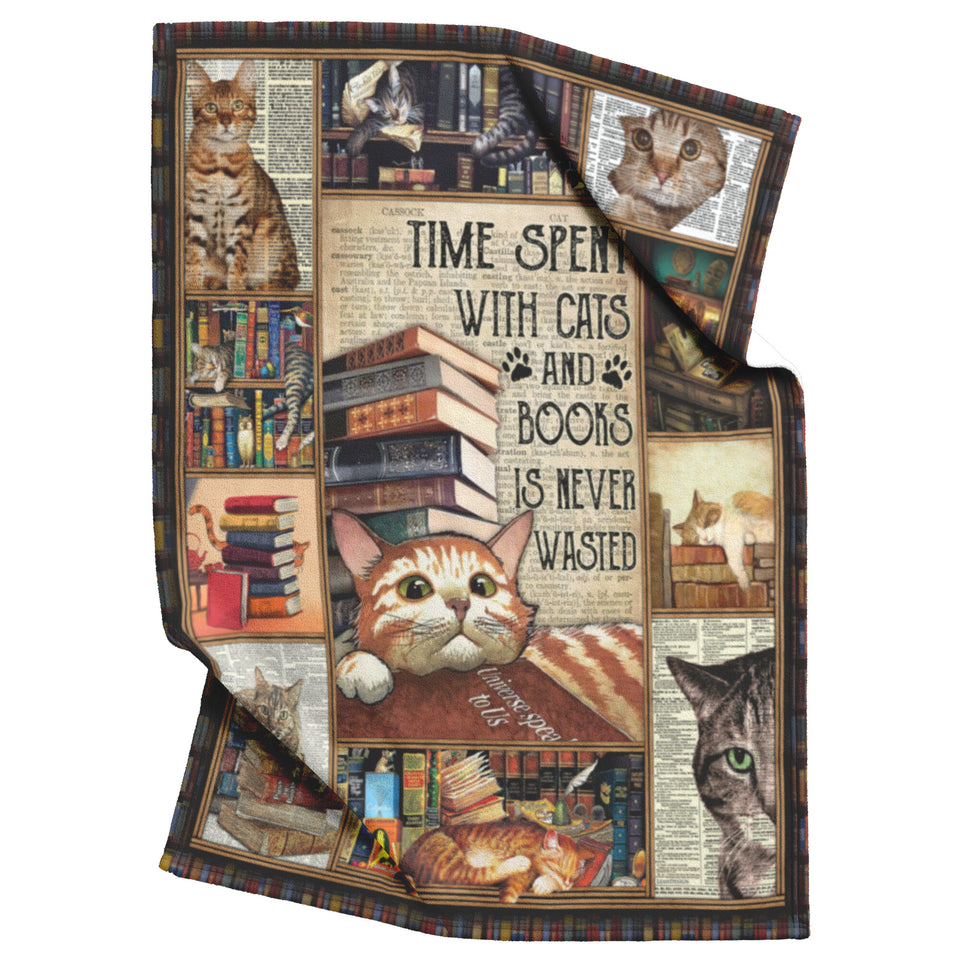 Time Spent with Cats and Books is Never Wasted. Love Reading Blanket, Fleece or Sherpa Blankets