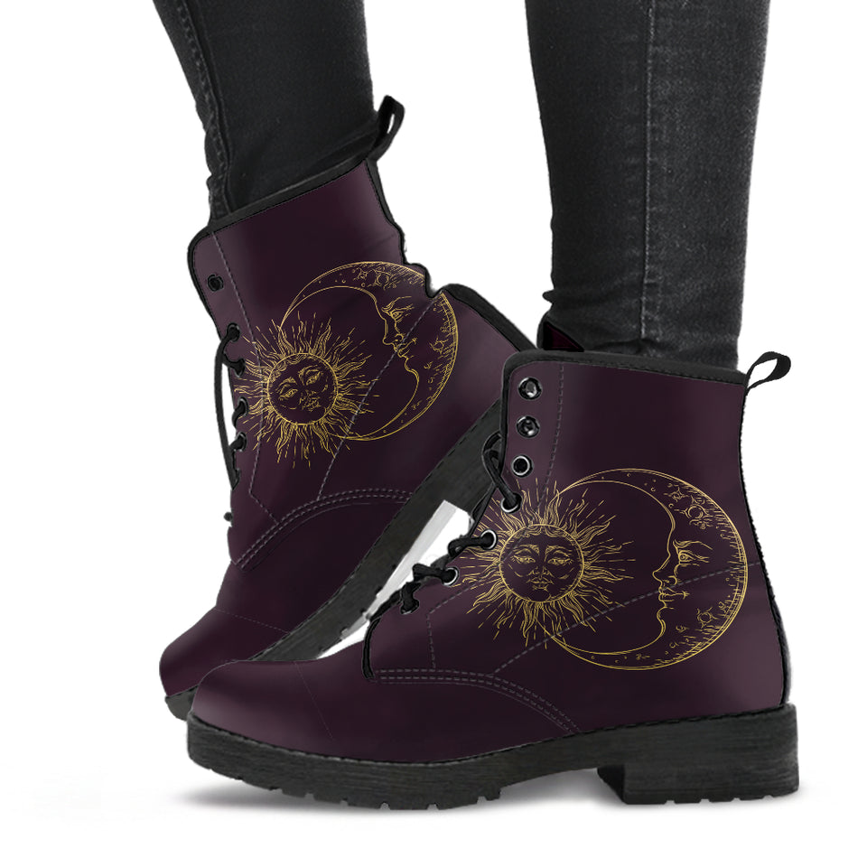 Sun Moon Mandala, Gold Burgandy Wine, Women's Boots