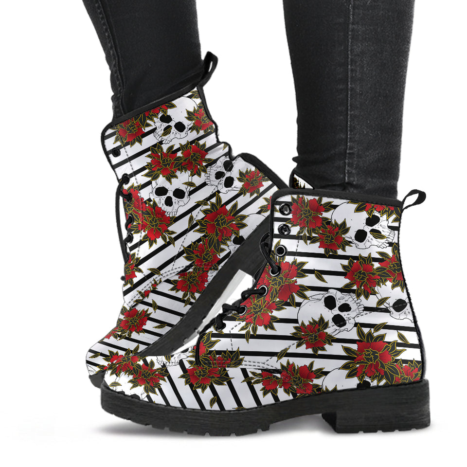 Rose Skull, Gothic Hiking Boots, Women's Boots, Vegan Leather, Combat Style Boots, Emo Punk Boots, Goth Winter Boots, Gothic Military boot