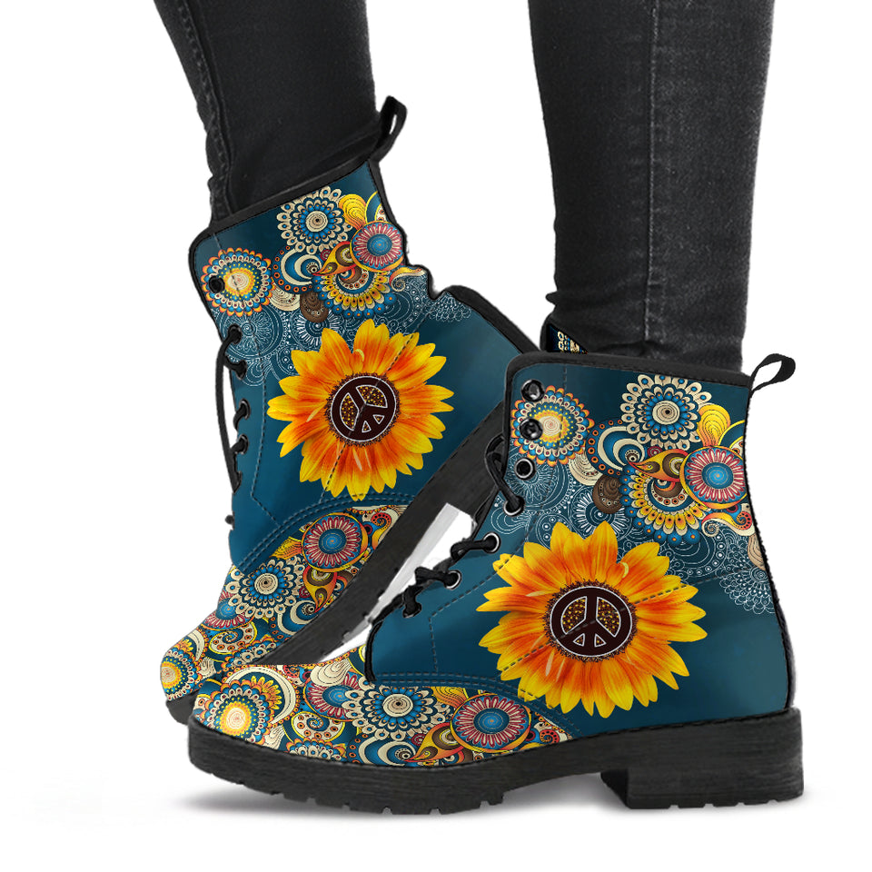 Manadala Peace Sign, Purple Black, Women's Boots, Vegan Leather
