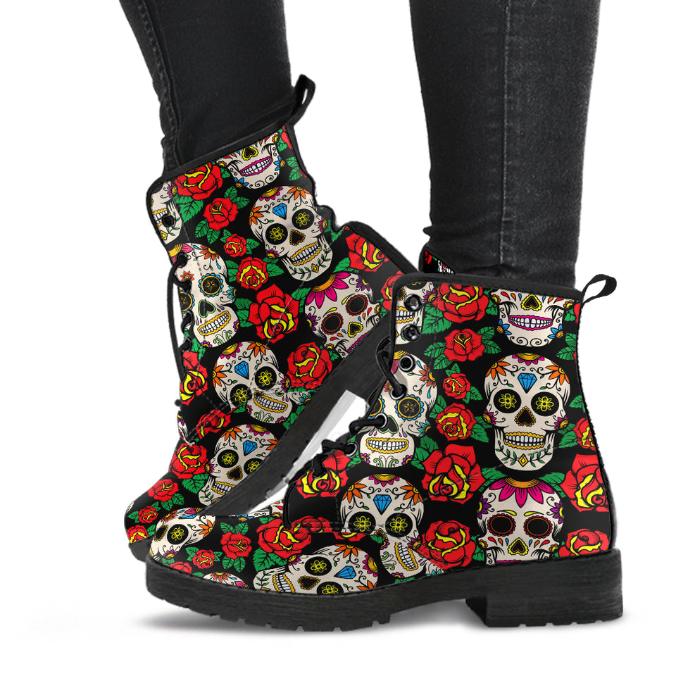 Sugar Skull Flowers, Mexican Skull, Women's Boots, Vegan Leather, Combat Style Boots, Lolita Combat Boots, Day Of The Dead