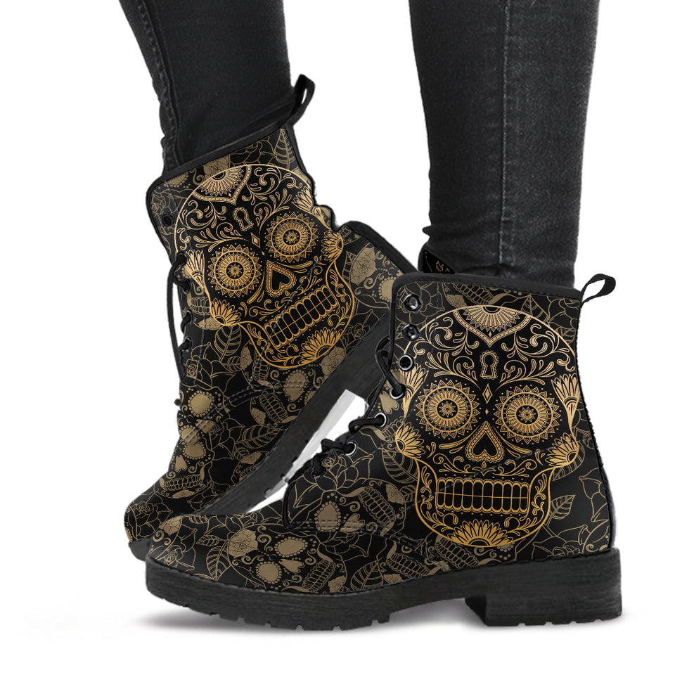 Black Sugar Skull, Dia De los Muertos, Women's Boots, Vegan Leather, Combat Style Boots, Lolita Combat Boots, Day Of The Dead
