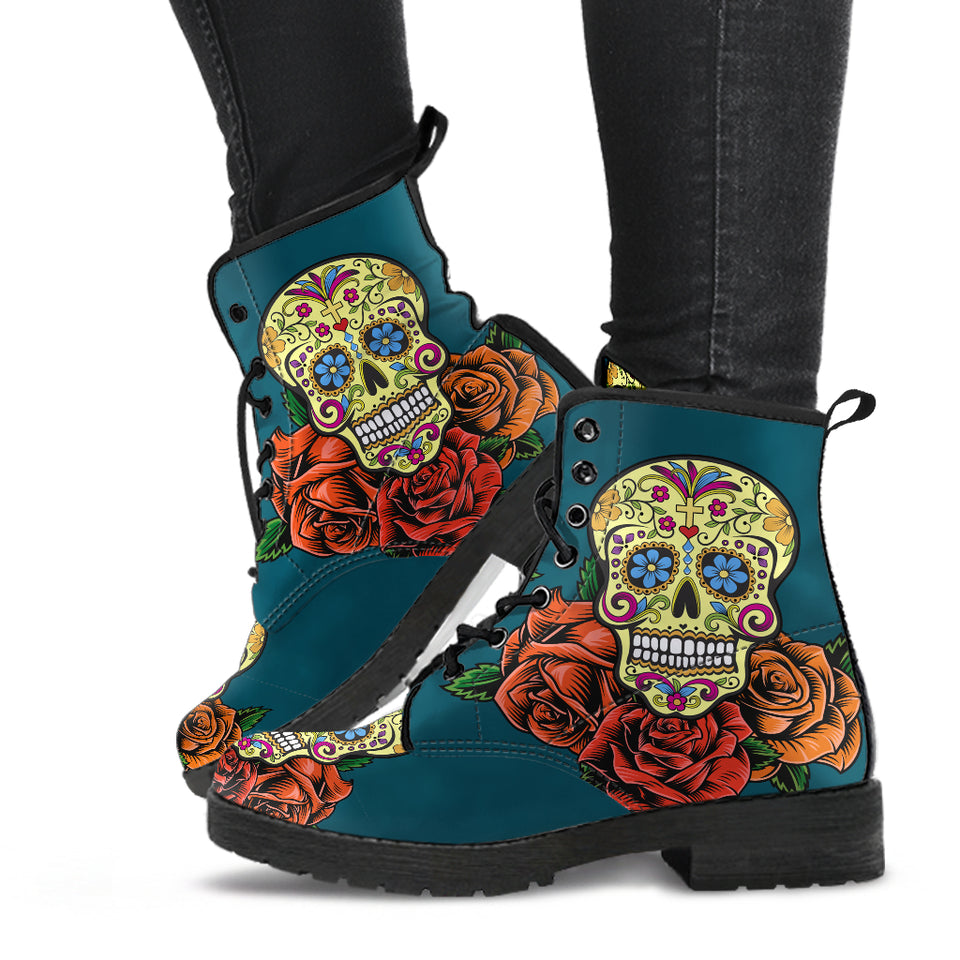 Sugar Skull Design, Womens Leather Boots, skull boots, Lace Up Boots, Winter Boots, Womens Rain Boots, Custom boots, Vegan Leather Boots
