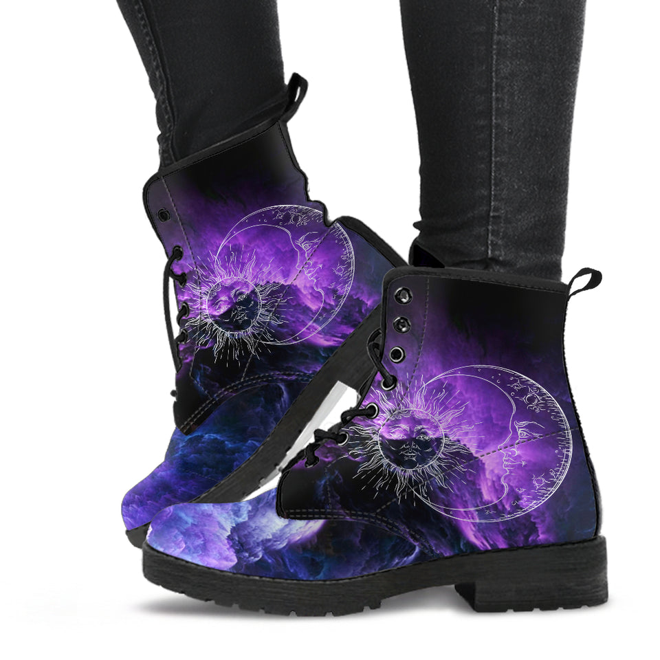 Sun and Moon Sky, Galaxy Cosmos Clouds, Women's Boots, Vegan Leather, Combat Style Boots, Purple Pink Silver, Hippie Gypsy Fairy