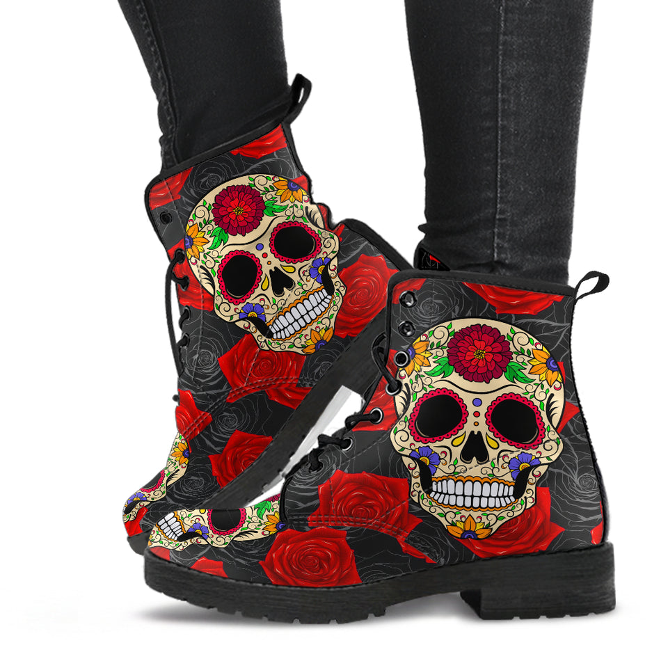 Sugar Skull Boots, Handmade Crafted, Womens Leather Boots, Hippie, Floral, Multi Colored, Vegan Leather, Streetwear, Classic Boot