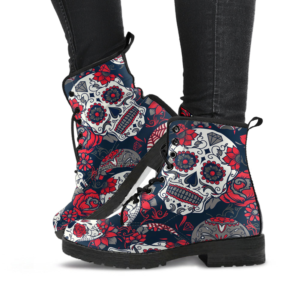 Red Sugar Skull, Dia De los Muertos, Women's Boots, Vegan Leather, Combat Style Boots, Lolita Combat Boots, Day Of The Dead