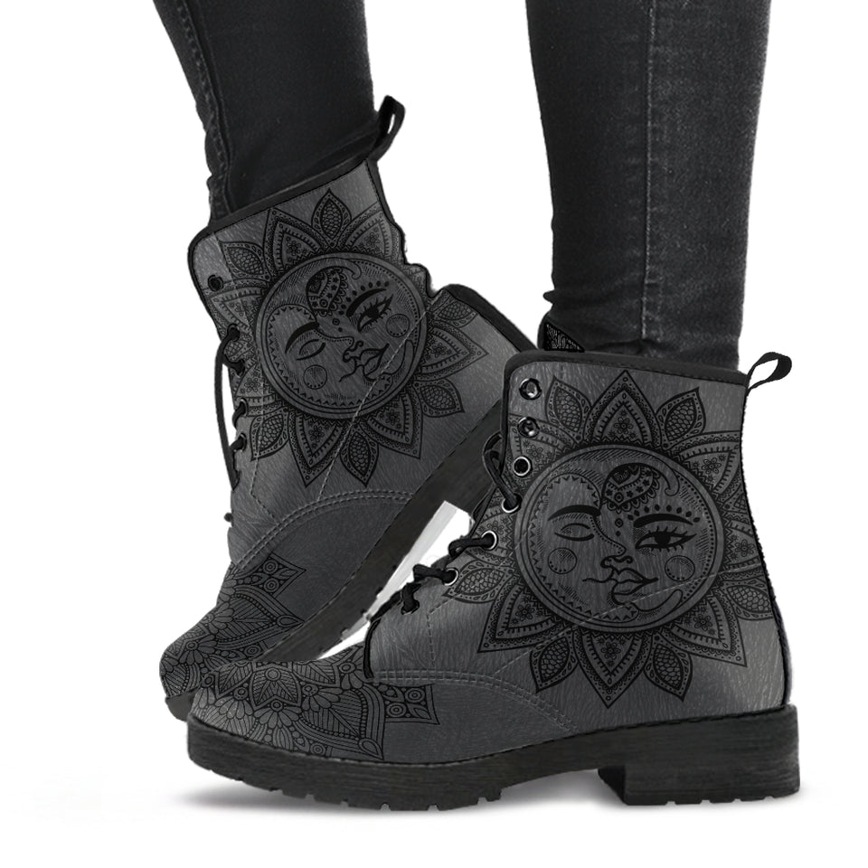 Grey Sun and Moon, Handcrafted boots, Vegan Leather, ankle Boots women, Festival Boots, Bohemian Style, Hippie Boots, Hikers Boots women