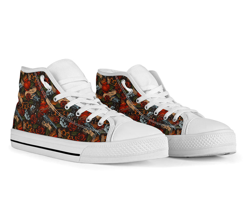 custom shoes vintage dollar bling gangtsa tattoo flowers roses colour day of the dead cult gothic guns converse shoes sneakers sneakers