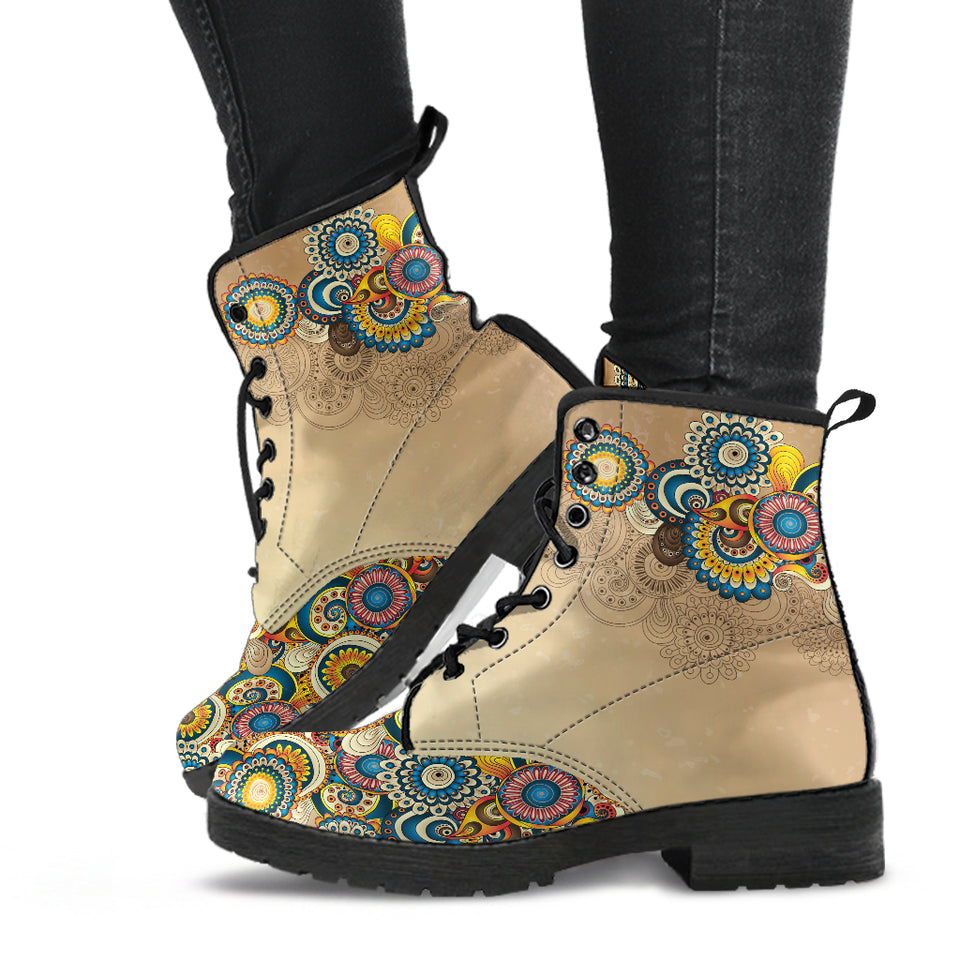 Vintage Hippie, Geometric Abstract, Women's Boots, Vegan Leather, Combat Style Boots, Beige Teal, Student Artist, Hippie Gyspy Fairy - up lai