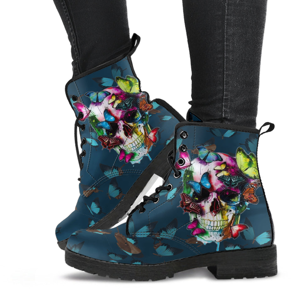 Colored Butterfly, Sugar Skull, Vegan Leather, Leather Boots Women