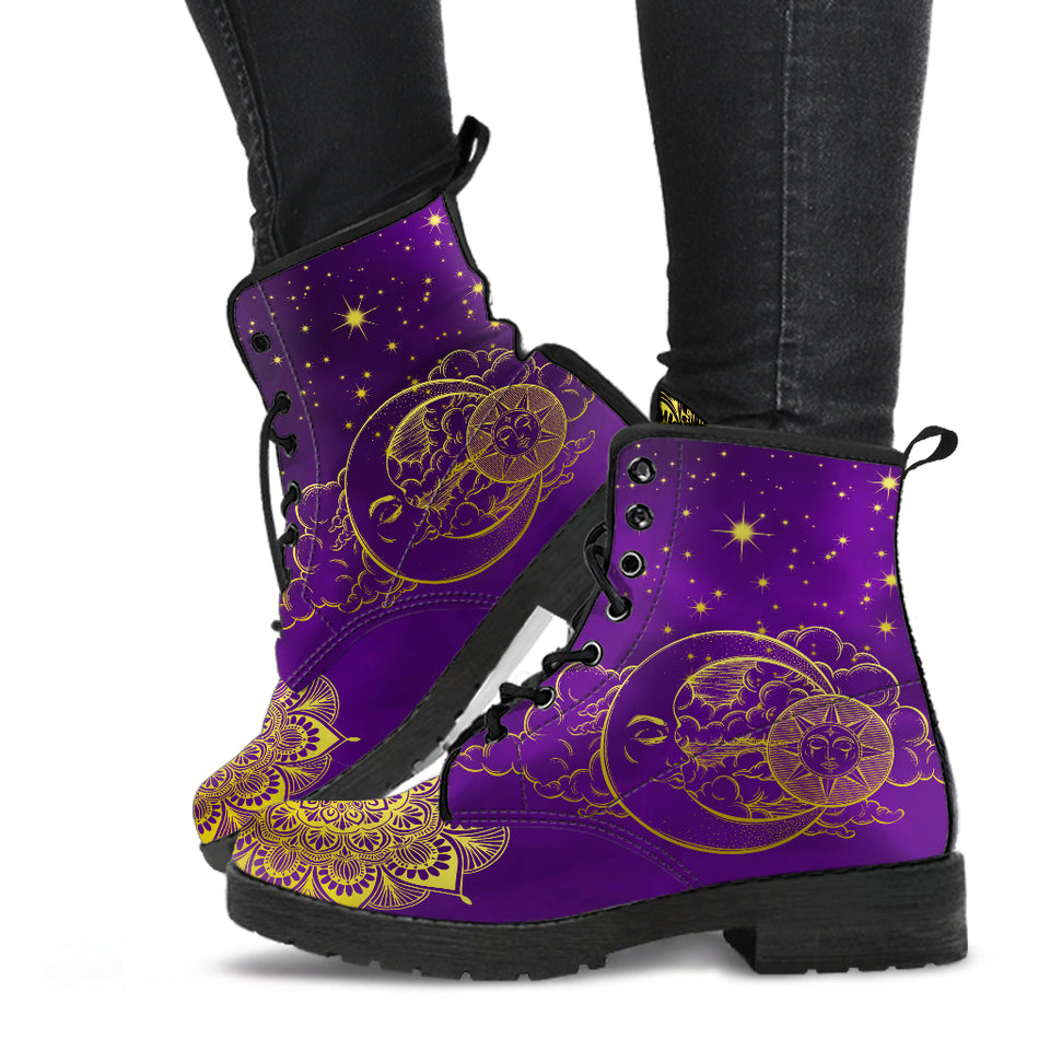 Gold Sun and Moon, Mandala Zen Spirit, Women's Boots, Vegan Leather