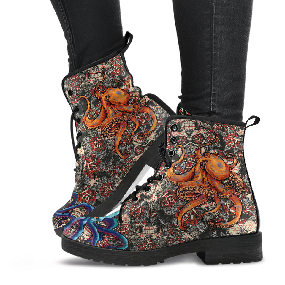 Sugar Skull Octopus, Leather Boots Women, Handmade Boots, Vegan Leather, Floral Skull, Womens Printed Shoes, Rain Boots, Streetwear