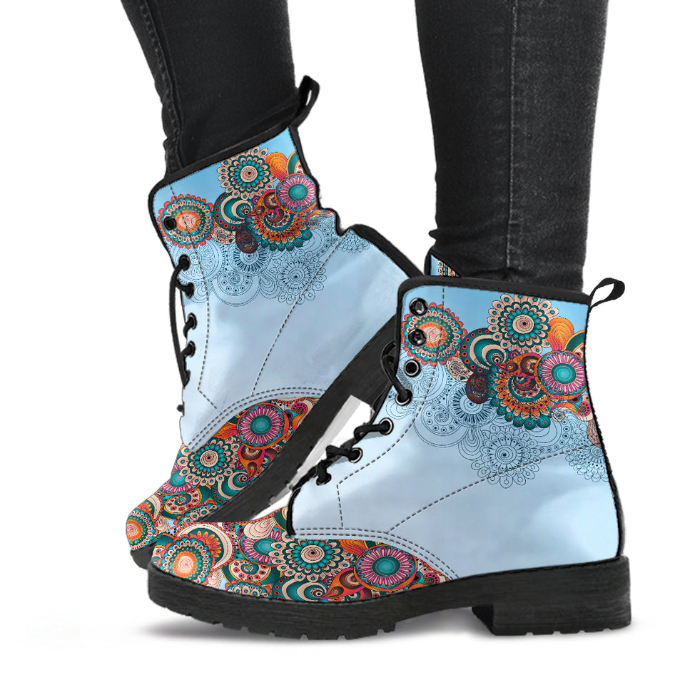 Blue Paisley Mandala, Leather Boots Women, Multicolour Mandala