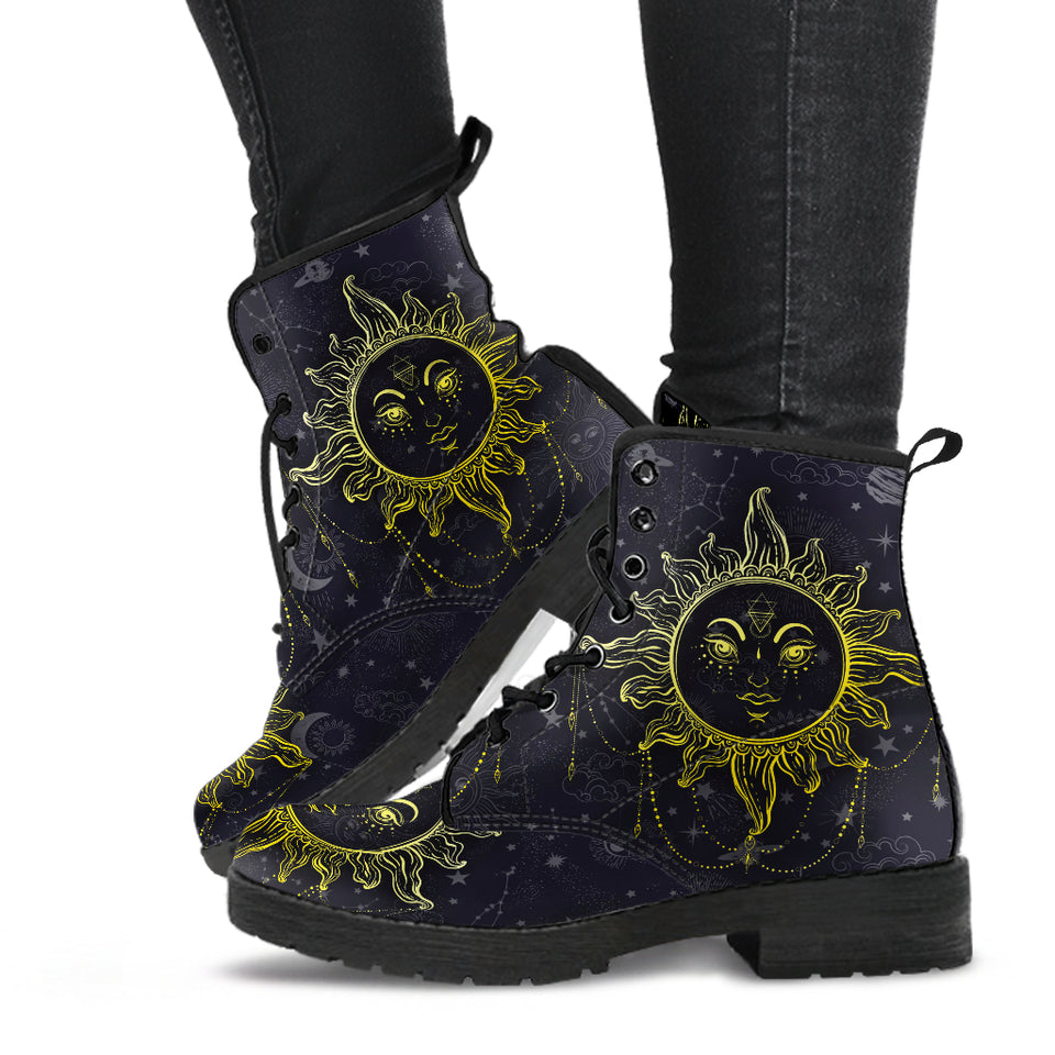 Sun and Moon, Mandala Design, Women's Boots, Vegan Leather, Combat Style Boots, Namast - up lai