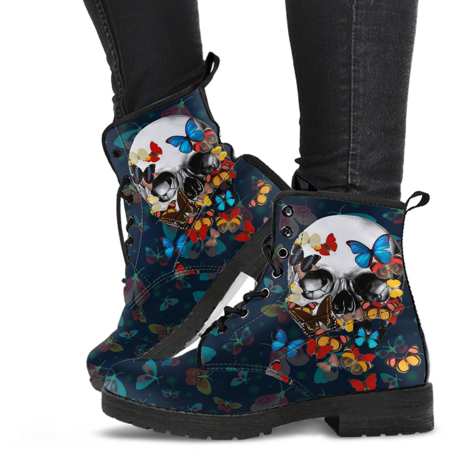 Butterfly Skull, Gothic Hiking Boots, Women's Boots, Vegan Leather, Combat Style Boots, Emo Punk Boots, Goth Winter Boots