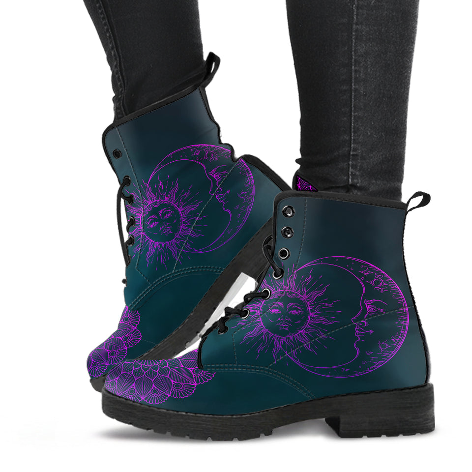 Purple Sun and Moon, Womens Leather Boots, Purple Lotus Mandala, Sun Silhouette