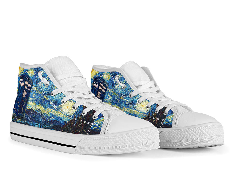 TARDIS in the Starry Night Custom Sneakers, Doctor Who Custom Shoes, Van Gogh Hand Painted Shoes