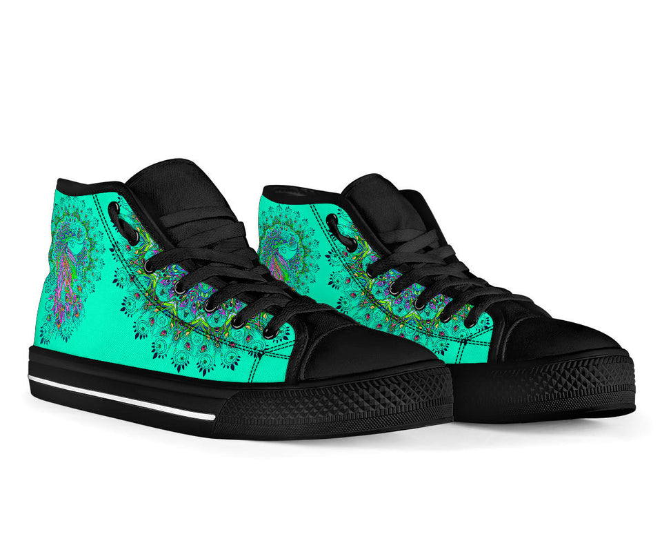 Peacock Mandala, Turquoise Teal Green high top