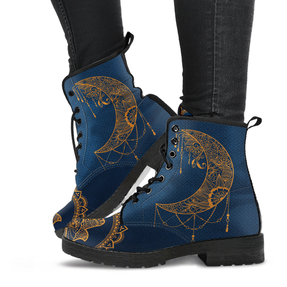 Gold Boho Moon, Blue Leather Boots, Vegan Leather, Custom Leather Boots