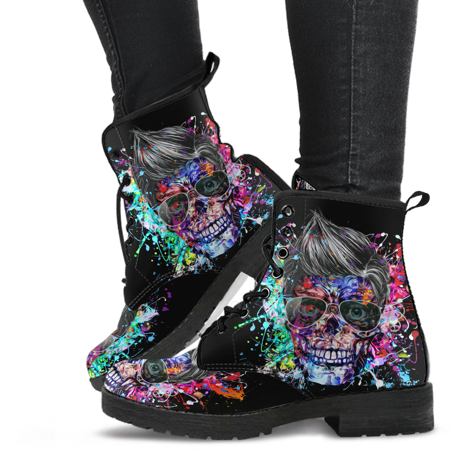 Flower Skulls, Womens Leather Boots, Vegan Leather, Handmade Crafted, Streetwear, Hippie, Floral, Festival Boots, Rain Boots, Classic Boot