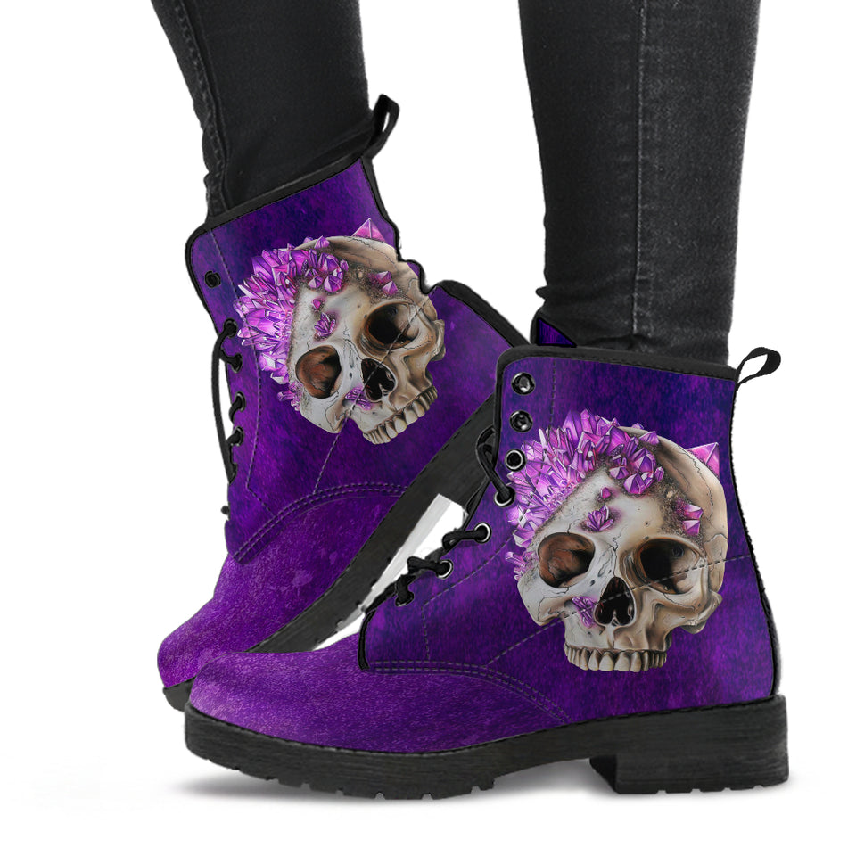 Crystal Skull, Gothic Hiking Boots, Women's Boots, Vegan Leather, Combat Style Boots, Emo Punk Boots, Goth Winter Boots
