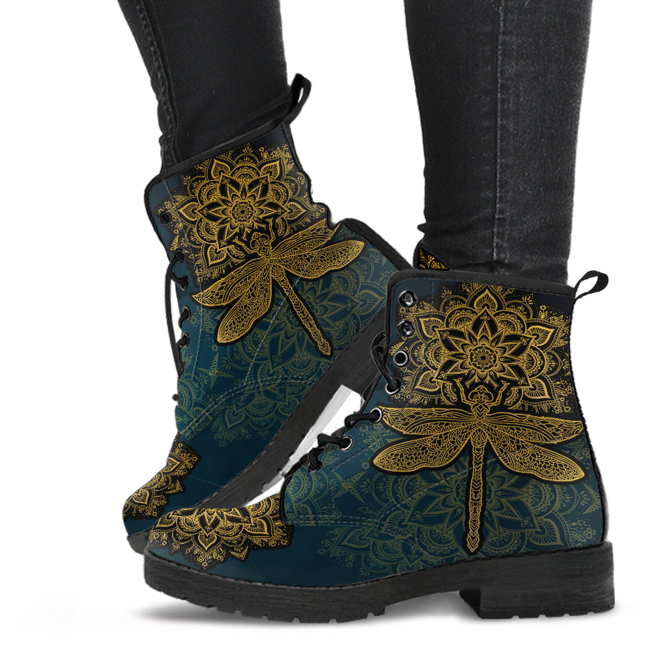 Dragonfly Boots, Golden Mandala, Womens Leather Boots, Hippie, Streetwear