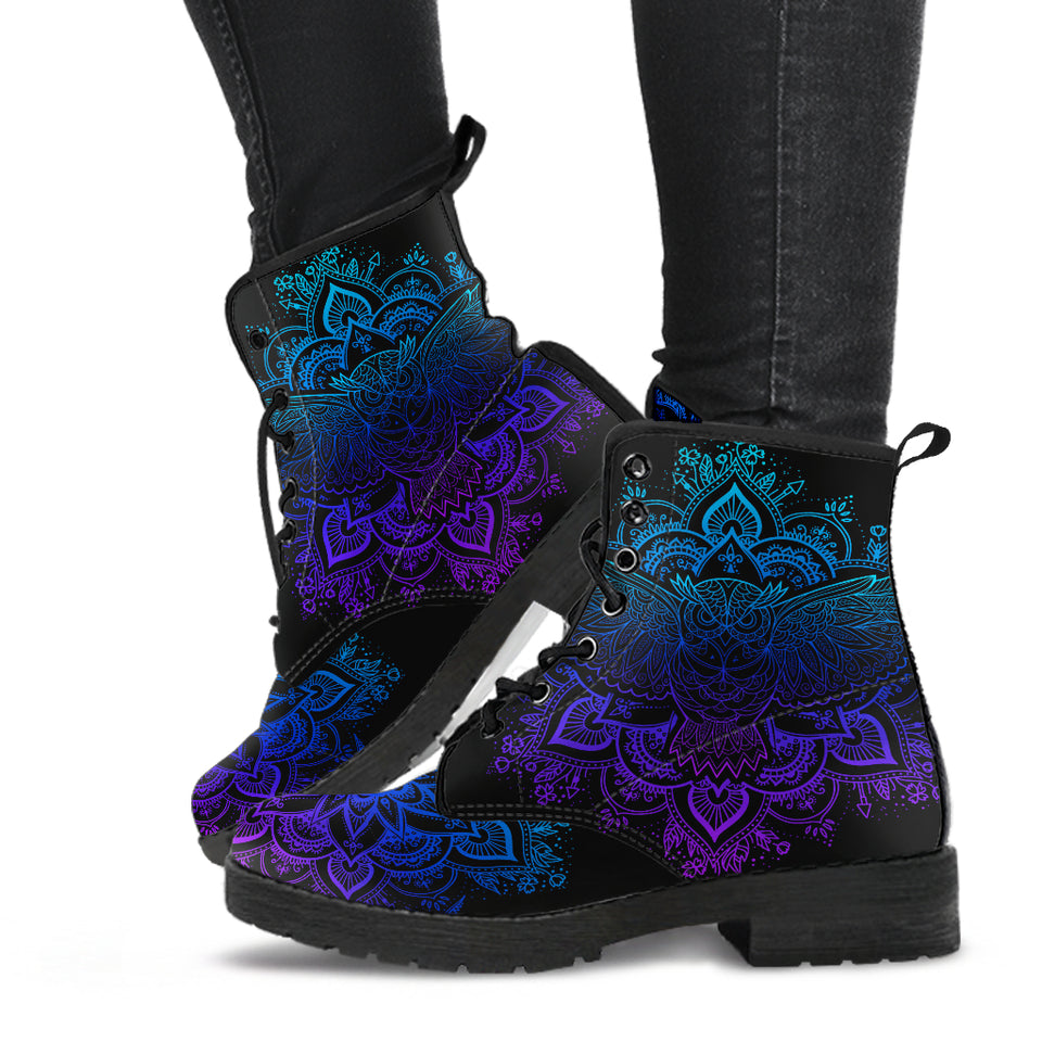Owl Blue Purple, Womens Leather Boots, Vegan Leather, Spiritual, Multi Colored