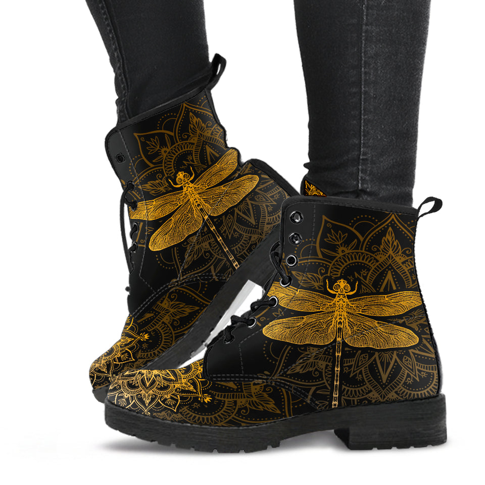 Golden Mandala, Dragonfly Boots, Hippie, Womens Leather