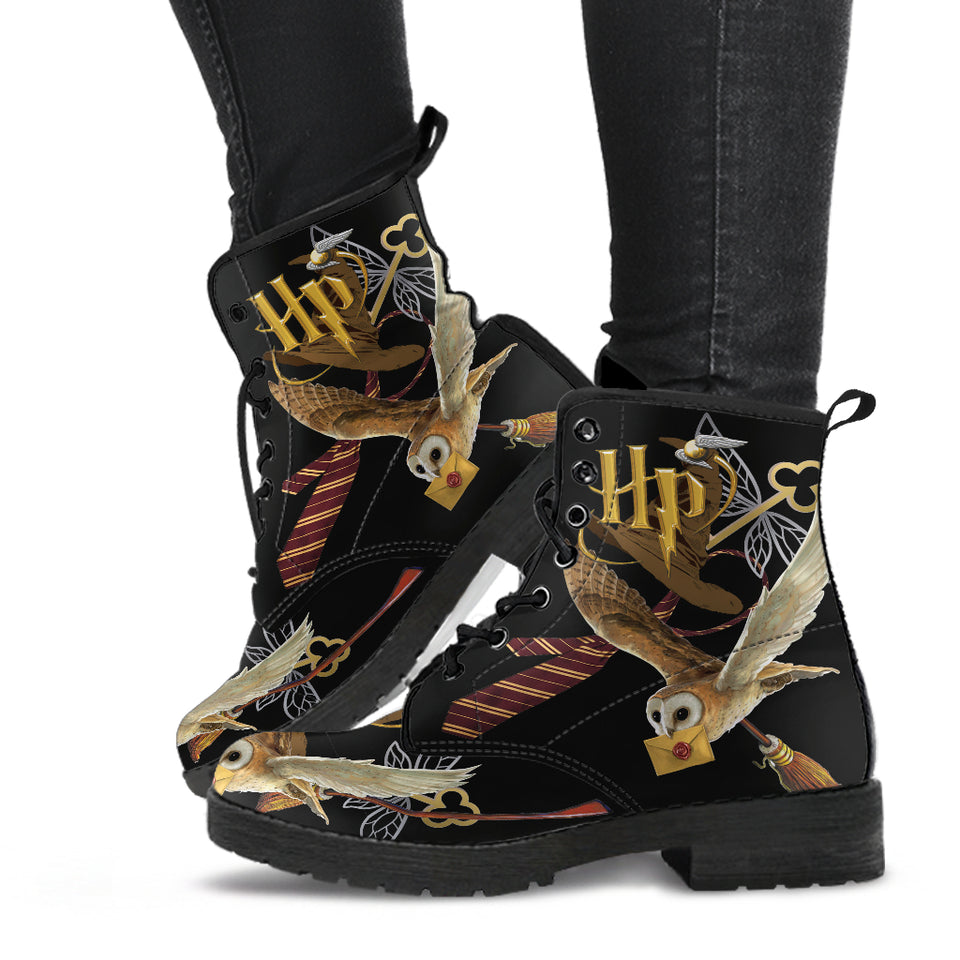 Wizard Inspired Ladies Lace Up Boots, Black, Owl, Festival