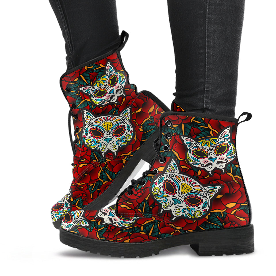 Sugar Skull Cat, Handcrafted Boots, Leather Boots Women, Floral, Vegan Leather, Multi Colored, Womens Printed Shoes, Hipster, Streetwear