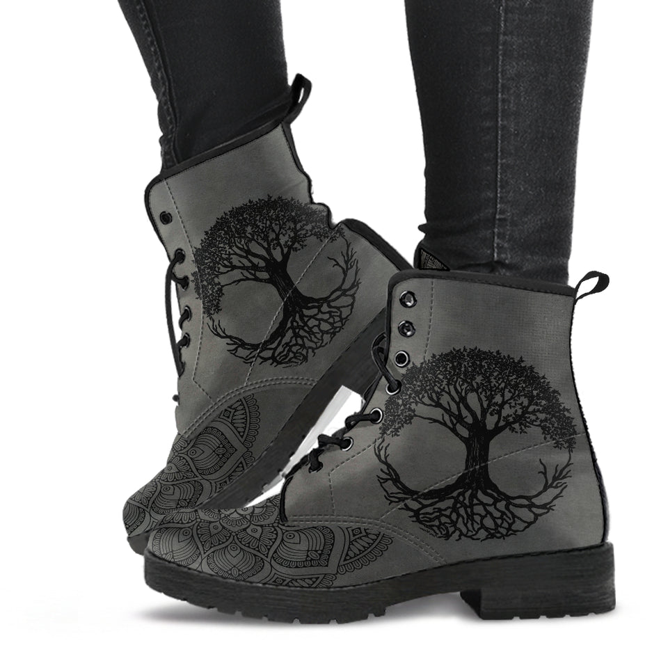 Grey Tree of Life, Handcrafted boots, Vegan Leather, ankle Boots women, Festival Boots, Bohemian Style, Hippie Boots, Hikers Boots women - up lai