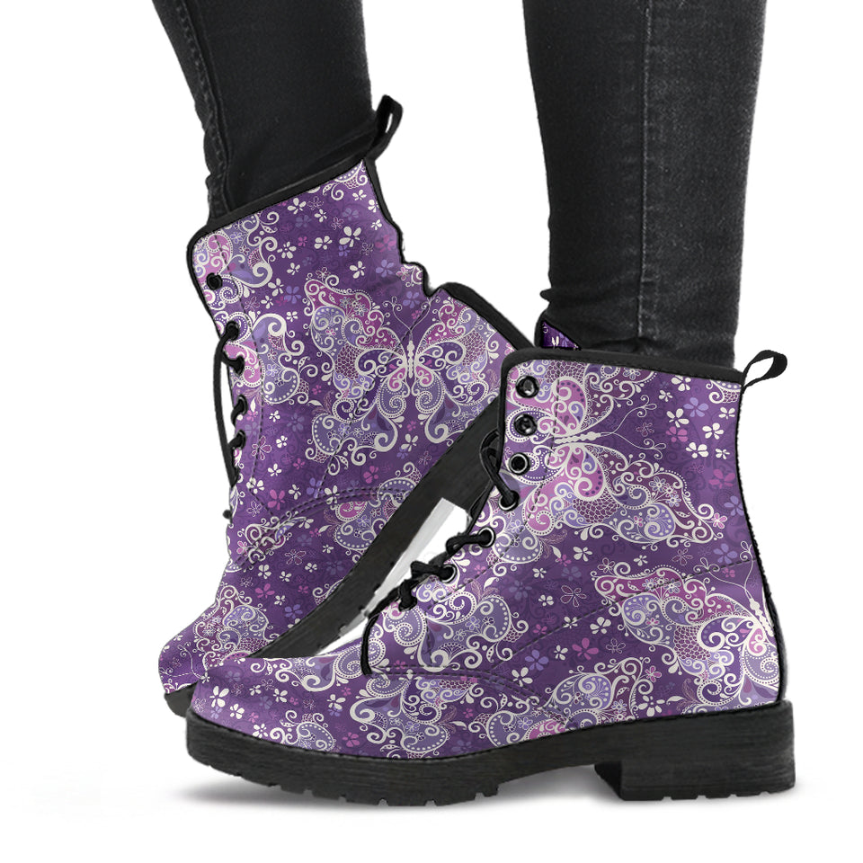Purple Butterfly, Leather Boots Women, Vegan Leather, Hippie Boots, Handmade Crafted, Rain Boots, Womens Winter Boots, Lace Up Boots