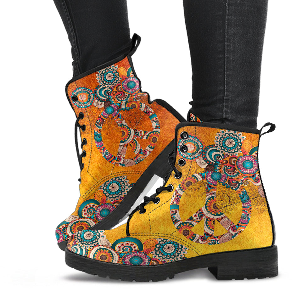 Orange Peace Sign, Womens Leather Boots, Handmade Crafted, Streetwear, Vegan Leather, Women Girl Gift, Hippie, Paisley, Classic Boot