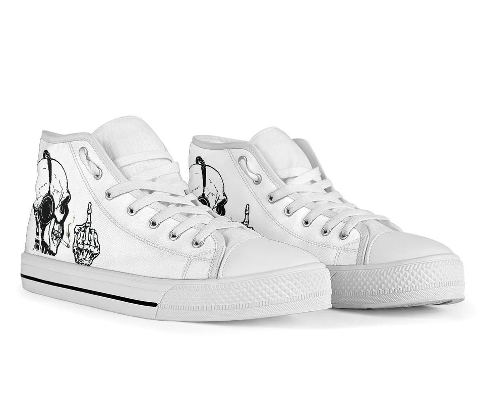 Skeleton wearing headphones up yours custom hightop converse