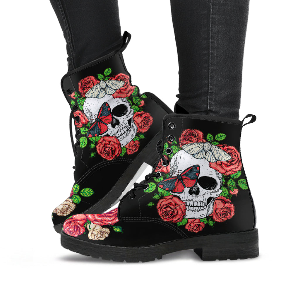 Skull and Roses, Gothic Hiking Boots, Women_s Boots, Vegan Leather, Combat Style Boots, Emo Punk Boots, Goth Winter Boots - up lai