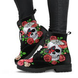 Skull and Roses, Gothic Hiking Boots, Women_s Boots, Vegan Leather, Combat Style Boots, Emo Punk Boots, Goth Winter Boots - up lai