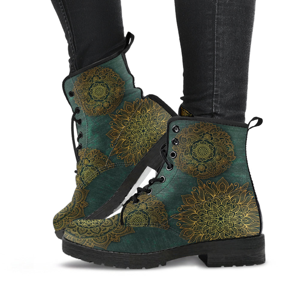 Green Mandala Boots, Leather Boots Women